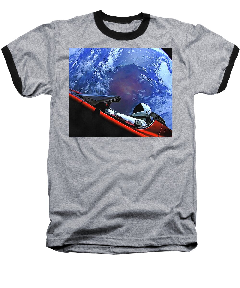 Starman Baseball T-Shirt featuring the photograph Starman in Tesla with planet earth by SpaceX