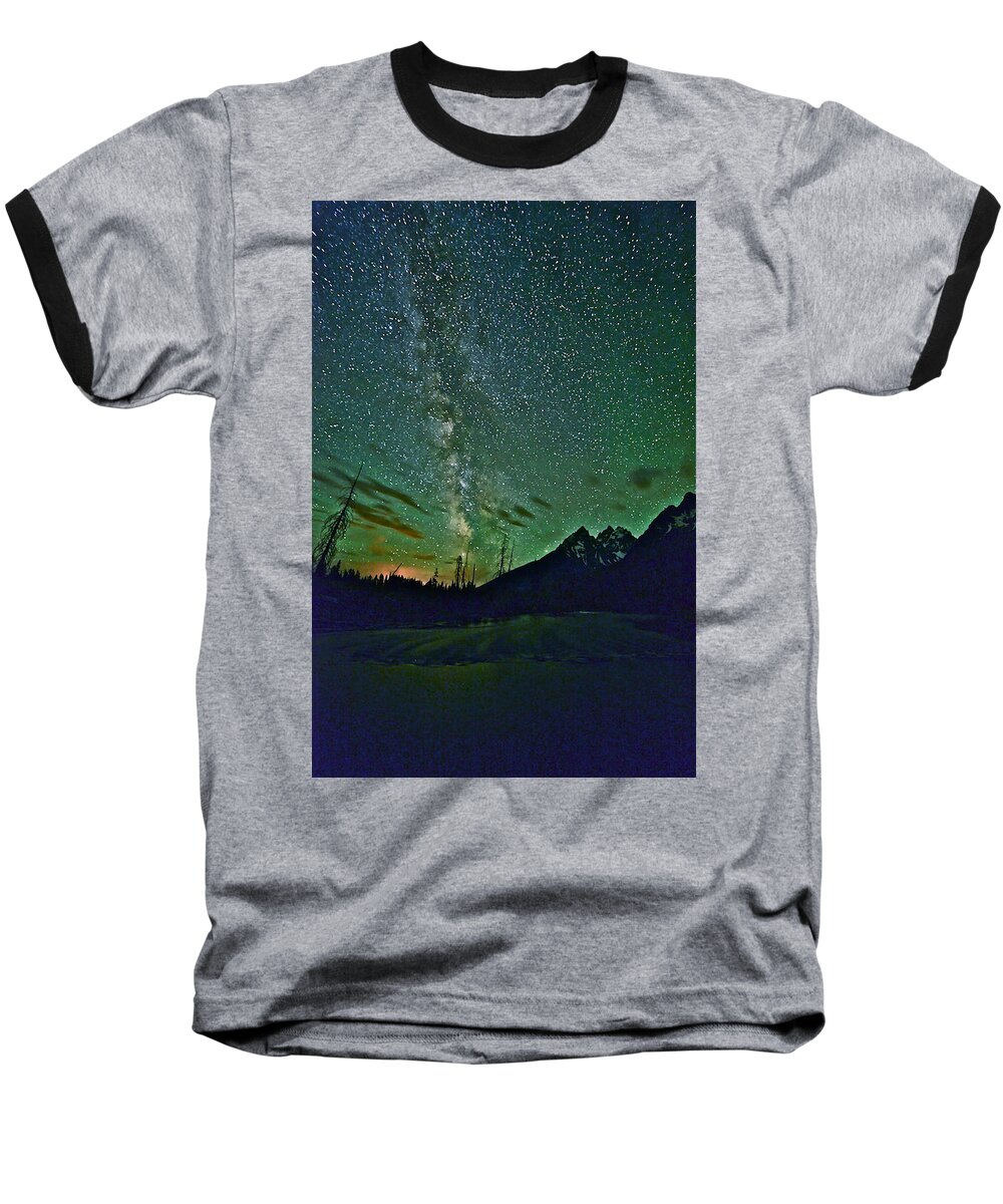 Grand Teton National Park Baseball T-Shirt featuring the photograph Starry Night over the Tetons by Don Mercer