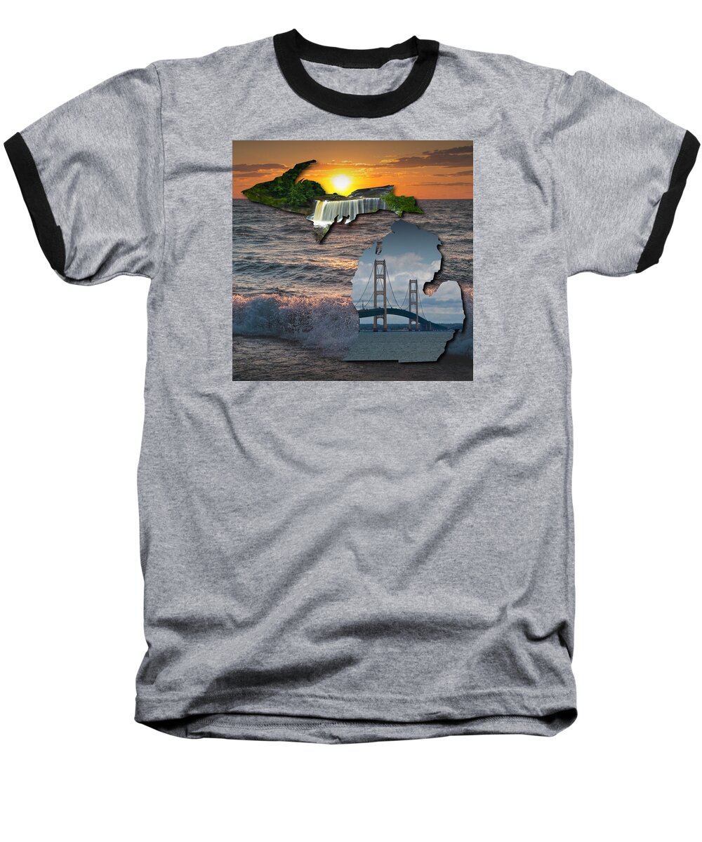 Art Baseball T-Shirt featuring the photograph State of Michigan Map with the Tahquamenon Falls and Mackinaw Bridge by Randall Nyhof