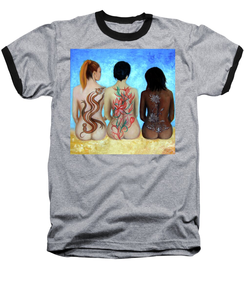 Tattooed Women Nudes Baseball T-Shirt featuring the painting Tattooed Stately Curves by Leonardo Ruggieri