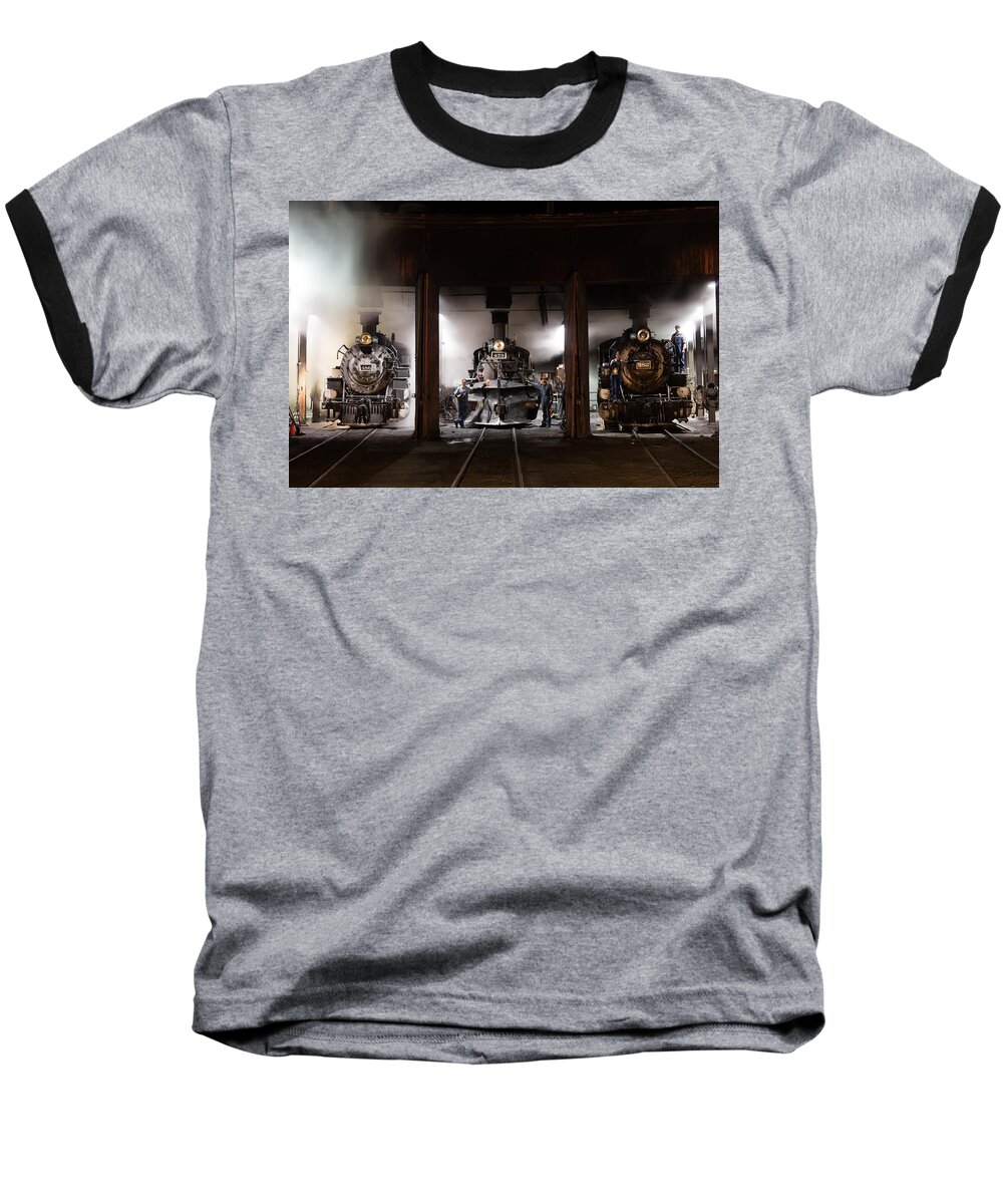 Carol M. Highsmith Baseball T-Shirt featuring the photograph Steam locomotives in the roundhouse of the Durango and Silverton Narrow Gauge Railroad in Durango by Carol M Highsmith