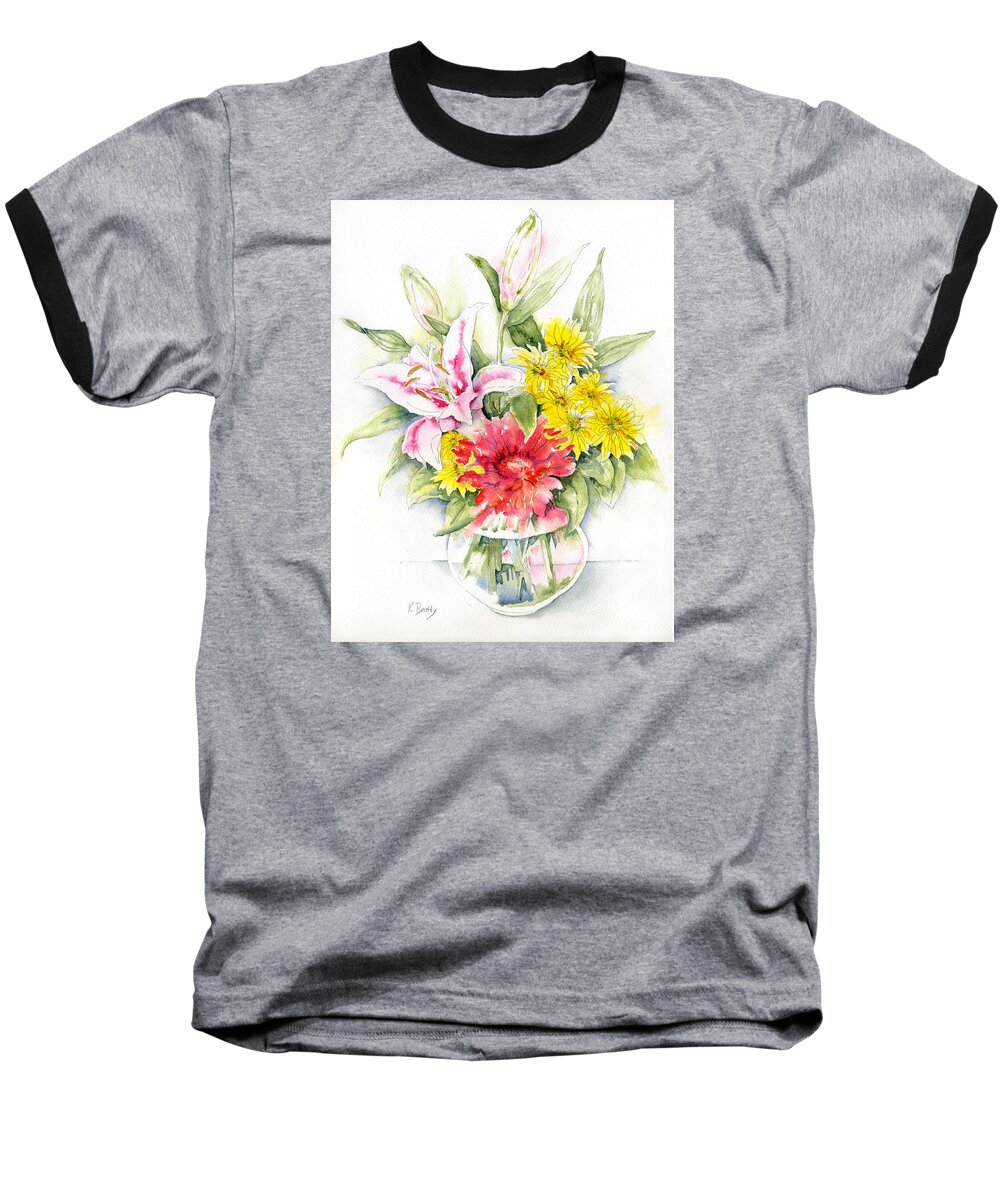 Watercolor Painting Baseball T-Shirt featuring the painting Still Life with Red Zinnia by Karla Beatty