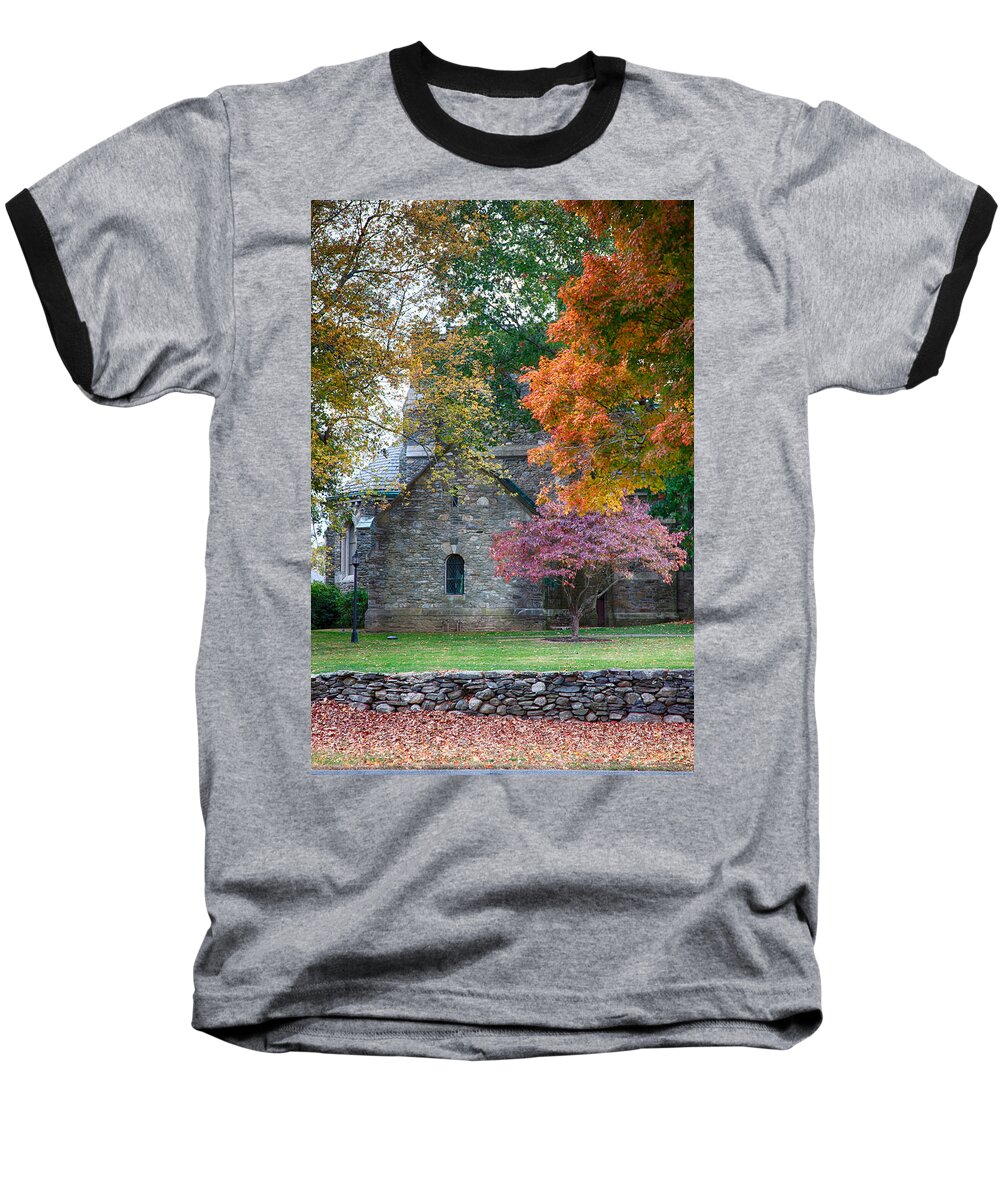 Pomfret Connecticut Baseball T-Shirt featuring the photograph Stone church in Pomfret CT in Autumn by Jeff Folger