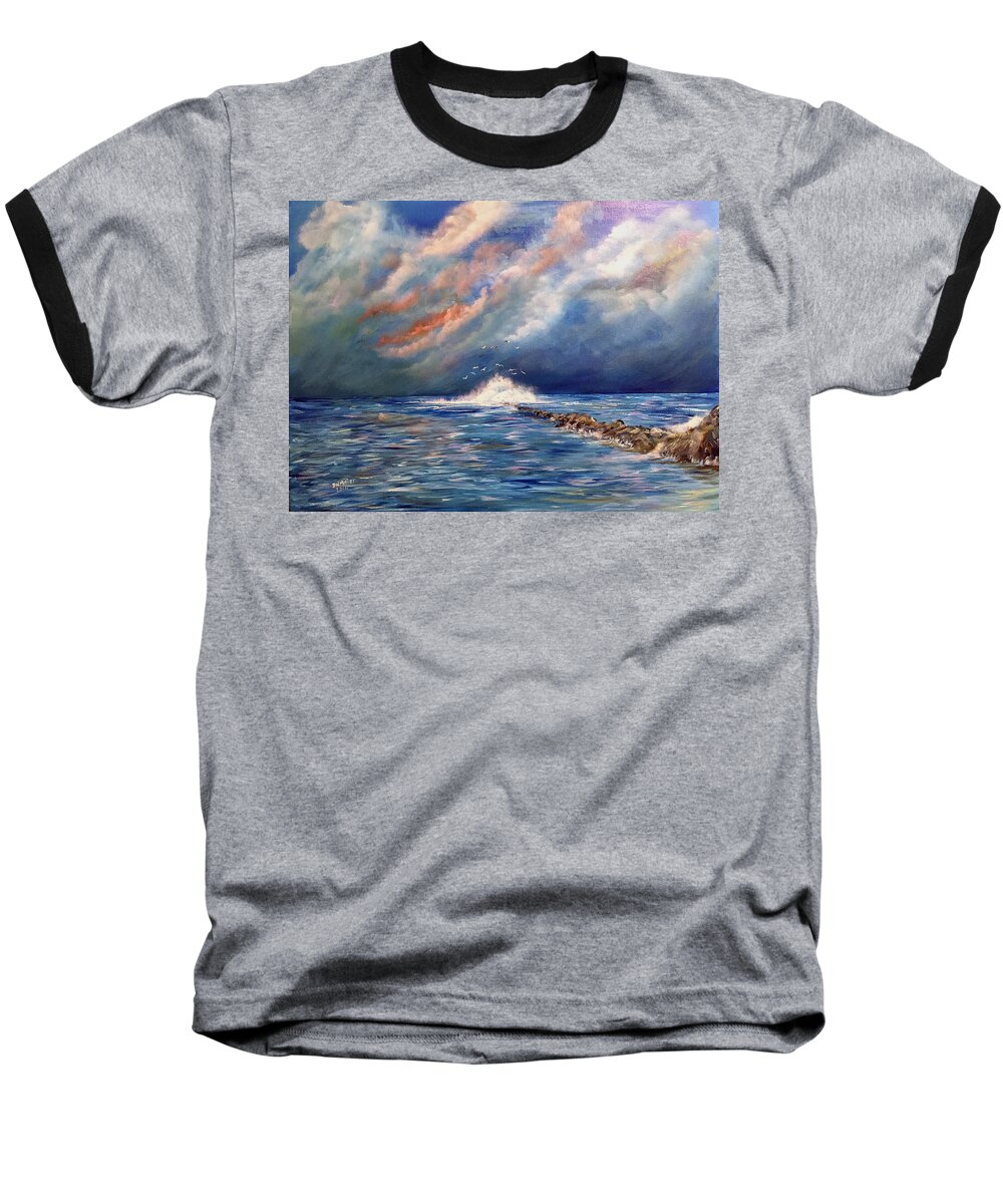 Storm Paint Baseball T-Shirt featuring the painting Storm over the ocean by Dorothy Maier