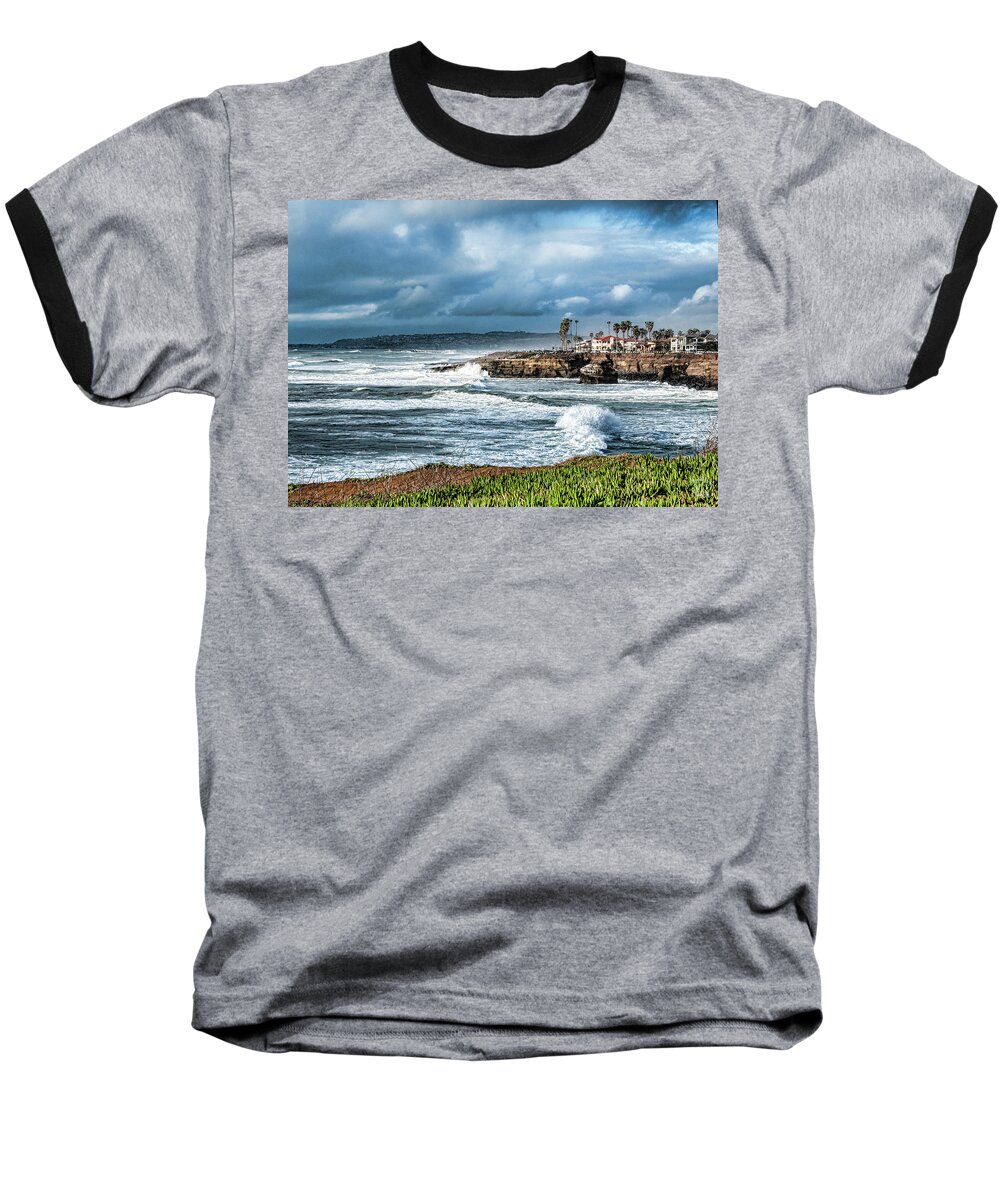 Storm Wave At Sunset Cliffs Baseball T-Shirt featuring the photograph Storm Wave at Sunset Cliffs by Daniel Hebard