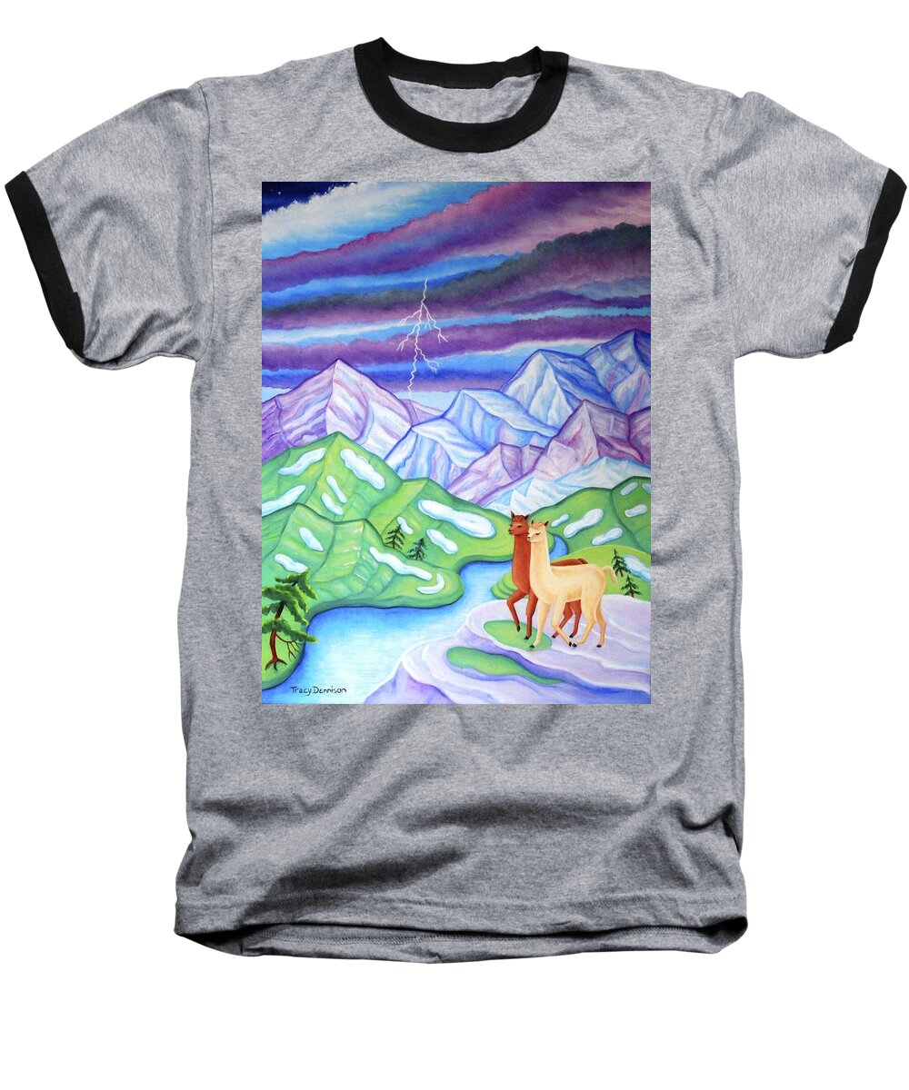 Night Sky Llamas Snow Mountains Lighting Peru Baseball T-Shirt featuring the painting Stormy Weather by Tracy Dennison