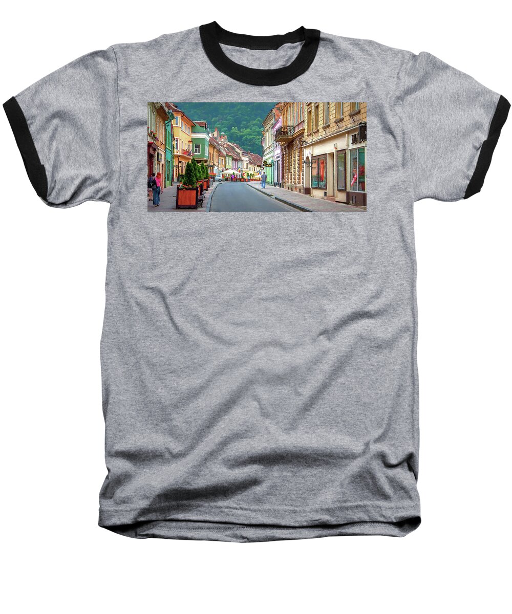 Brasov Baseball T-Shirt featuring the digital art Streets of Brasov by Ronald Bolokofsky