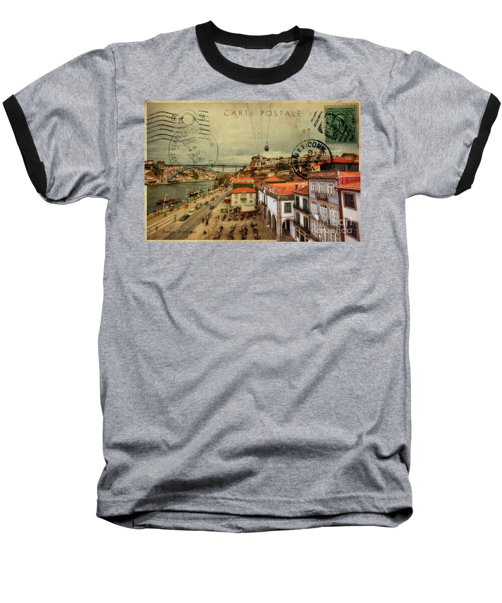 Postcard Baseball T-Shirt featuring the digital art stylish retro postcard of Porto by Ariadna De Raadt