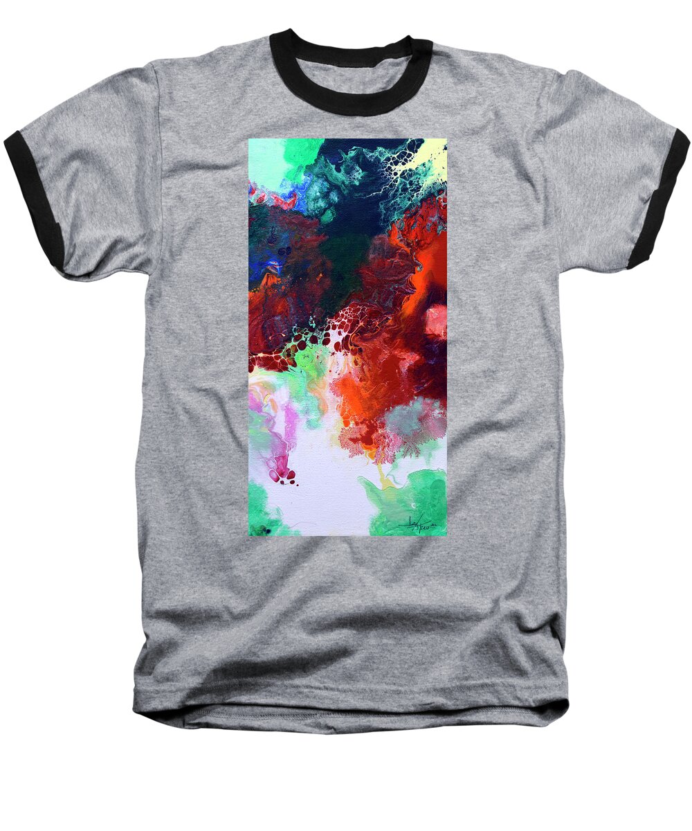 Original Abstract Baseball T-Shirt featuring the painting Subtle Vibrations, Canvas Five of Five by Sally Trace