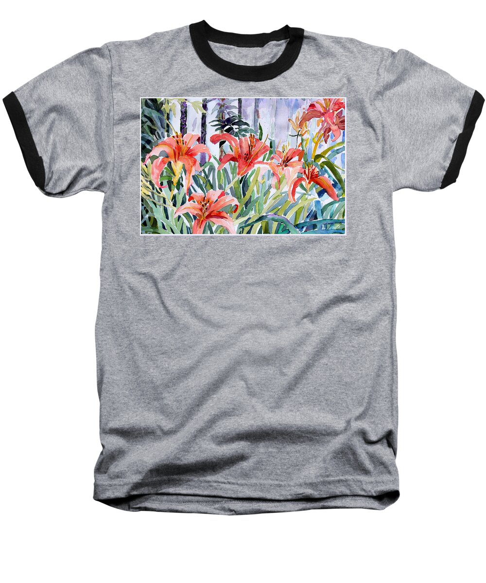 Day Lily Baseball T-Shirt featuring the painting My Summer Day Liliies by Mindy Newman