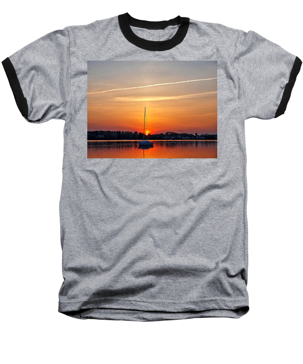 Sail Boat Baseball T-Shirt featuring the photograph Summer Sunset at Anchor by Bruce Gannon