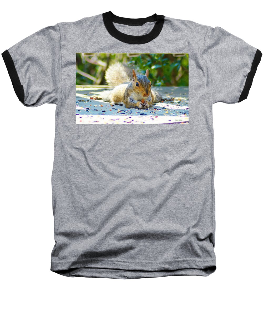 Gray Squirrel Baseball T-Shirt featuring the photograph Sun Bathing Squirrel by Kathy Kelly