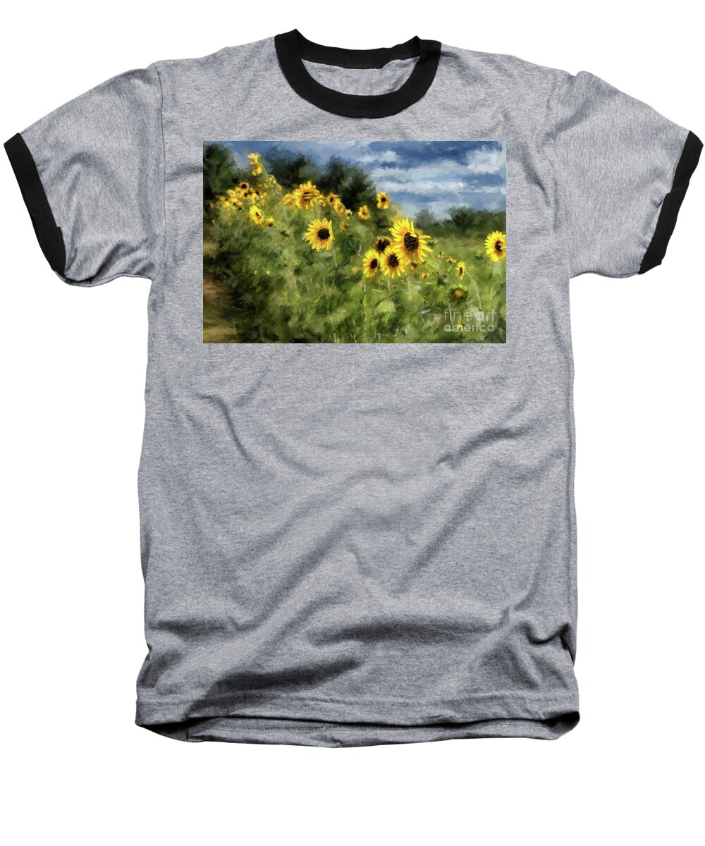 Sunflower Baseball T-Shirt featuring the digital art Sunflowers Bowing And Waving by Lois Bryan