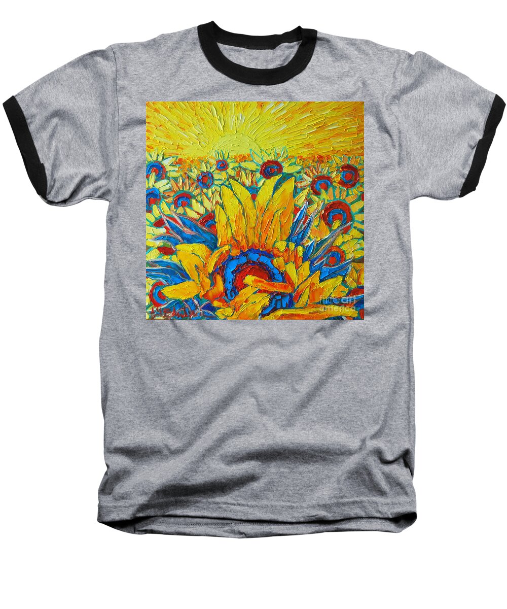 Sunflowers Baseball T-Shirt featuring the painting Sunflowers Field In Sunrise Light by Ana Maria Edulescu