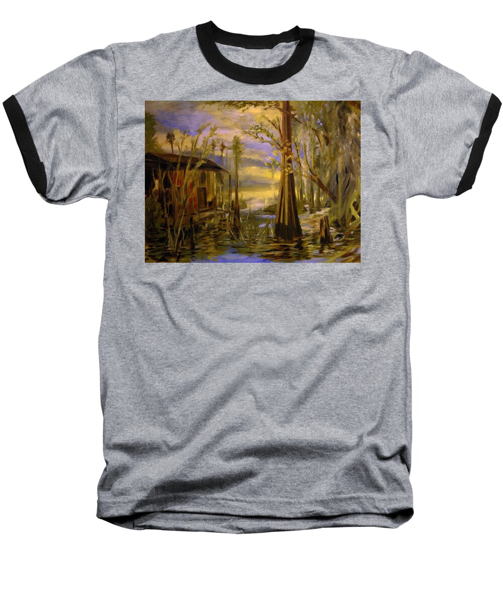 Swamp Baseball T-Shirt featuring the painting Sunlight on the swamp by Julianne Felton