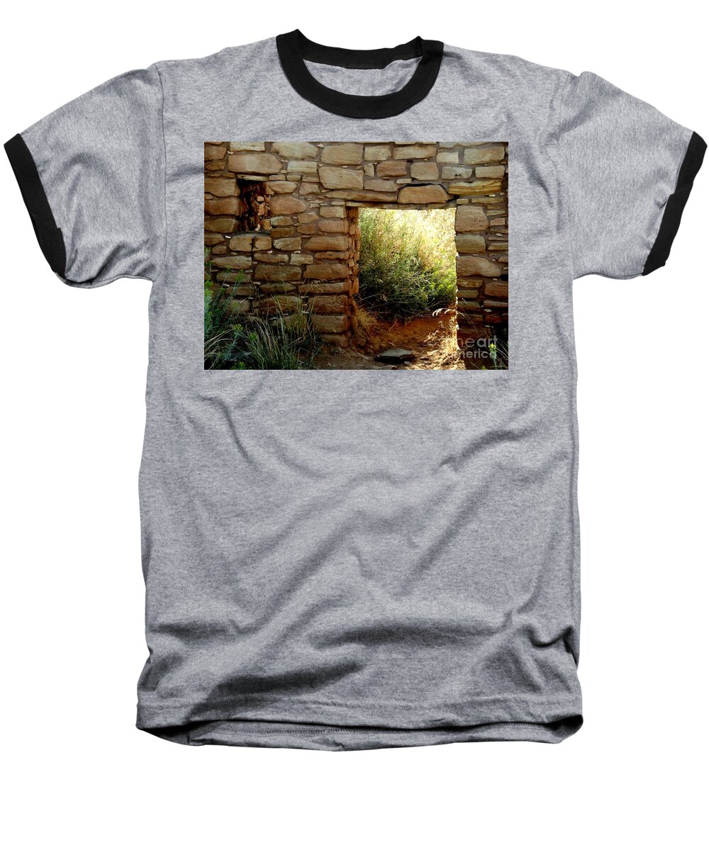 Lowry Ruin Baseball T-Shirt featuring the digital art Sunlit door and lizard by Annie Gibbons
