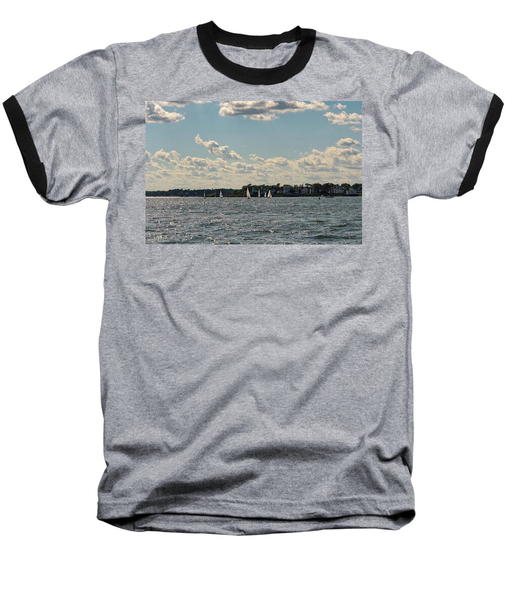 Norwalk Baseball T-Shirt featuring the photograph Sunlit Sailboats Norwalk Connecticut from the water by Marianne Campolongo