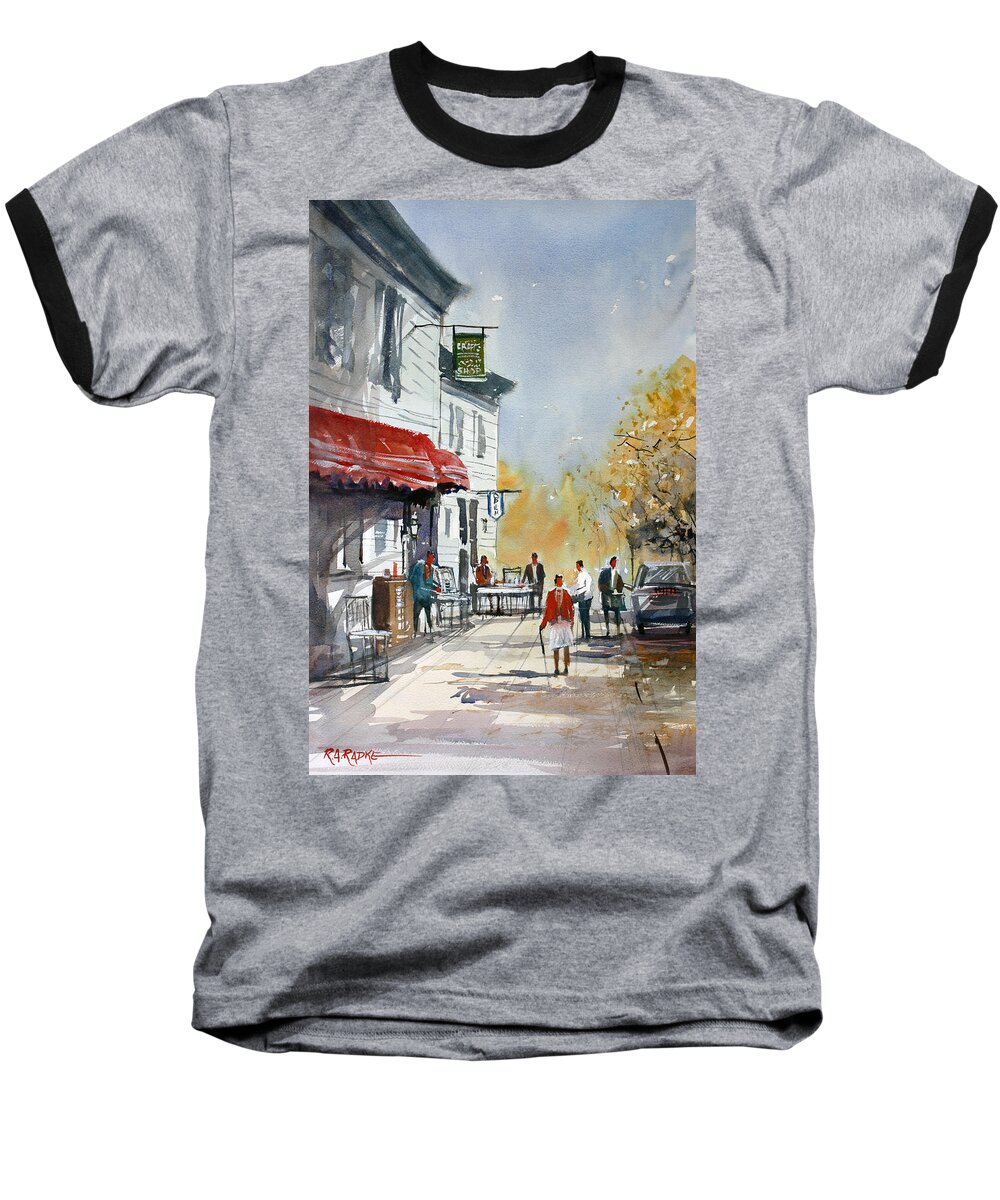 Ryan Radke Baseball T-Shirt featuring the painting Sunlit Sidewalk - Neshkoro by Ryan Radke