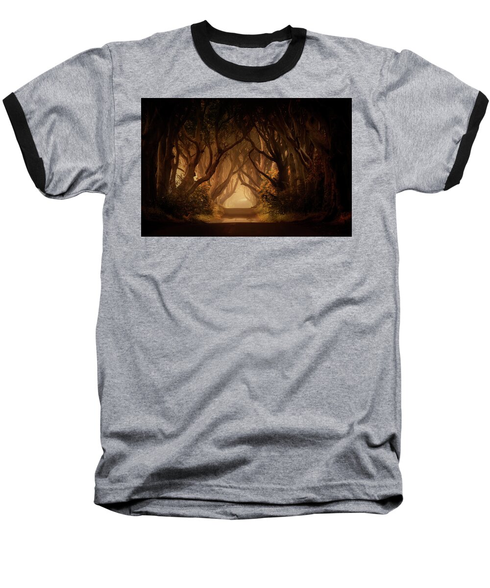 Dark Hedges In Northern Ireland Baseball T-Shirt featuring the photograph Sunny morning in Dark Hedges by Jaroslaw Blaminsky