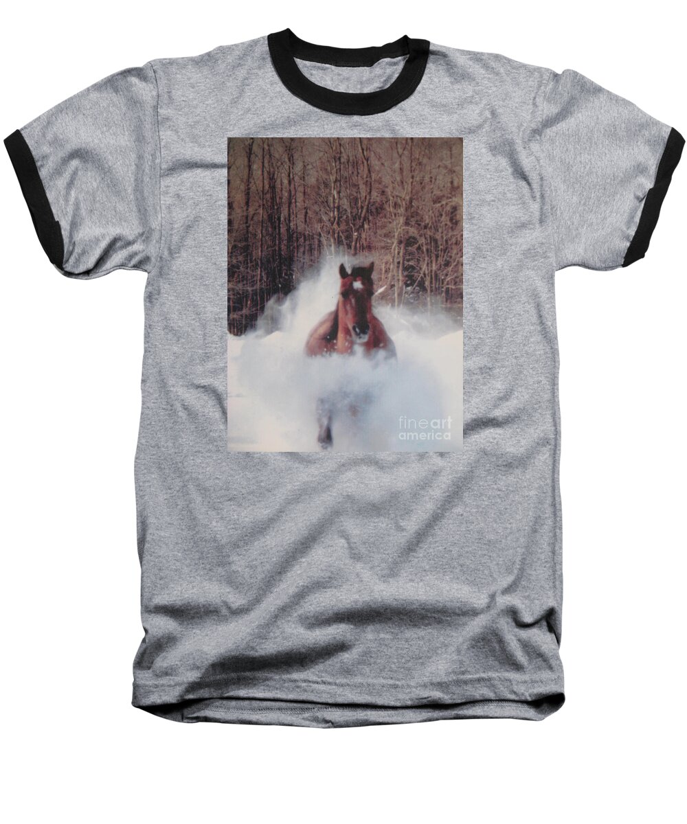 Horse Running Baseball T-Shirt featuring the photograph Sunny running for the barn. by Jeffrey Koss