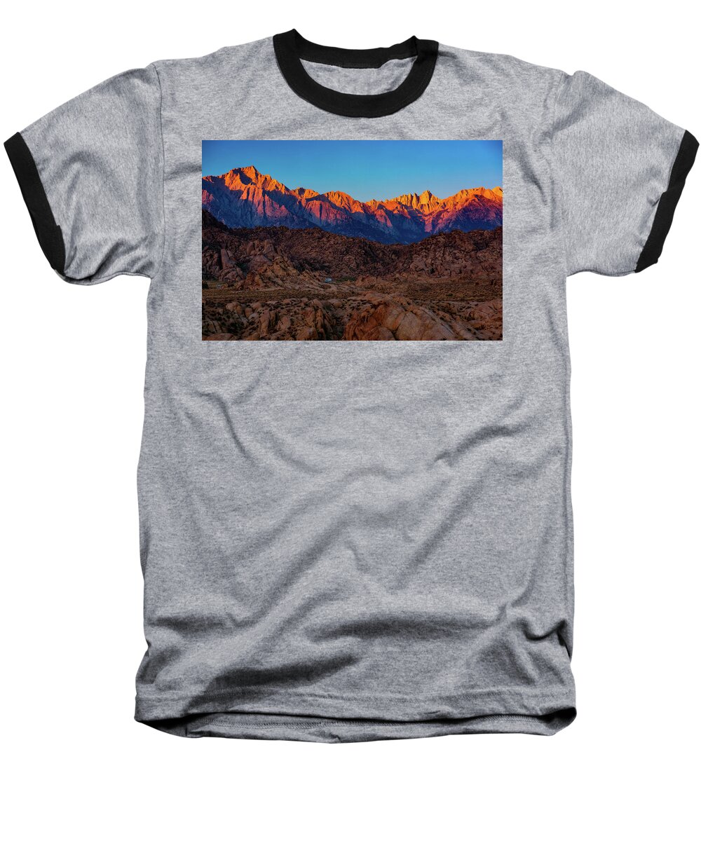 Alabama Hills Baseball T-Shirt featuring the photograph Sunrise Illuminating the Sierra by John Hight