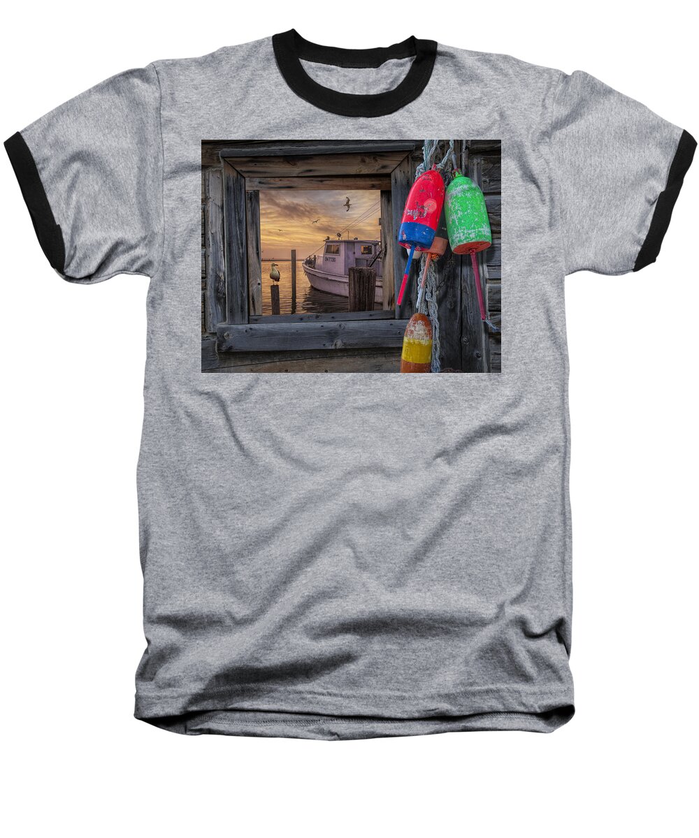 Coast Baseball T-Shirt featuring the photograph Sunrise Photograph of Boat with Gulls and Fishing Buoys by Randall Nyhof