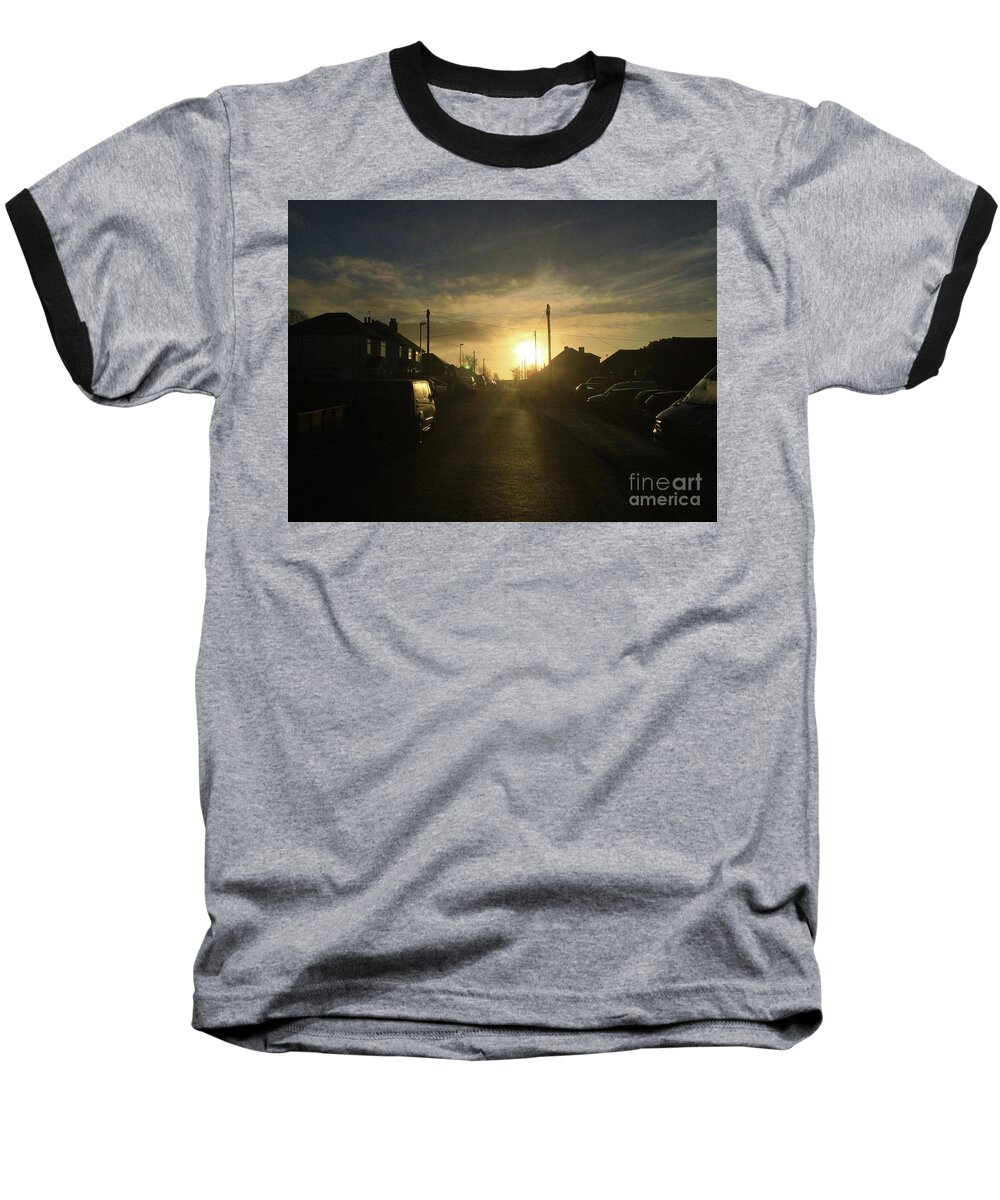 Sun Baseball T-Shirt featuring the digital art Sunrise Street by Andrew Middleton