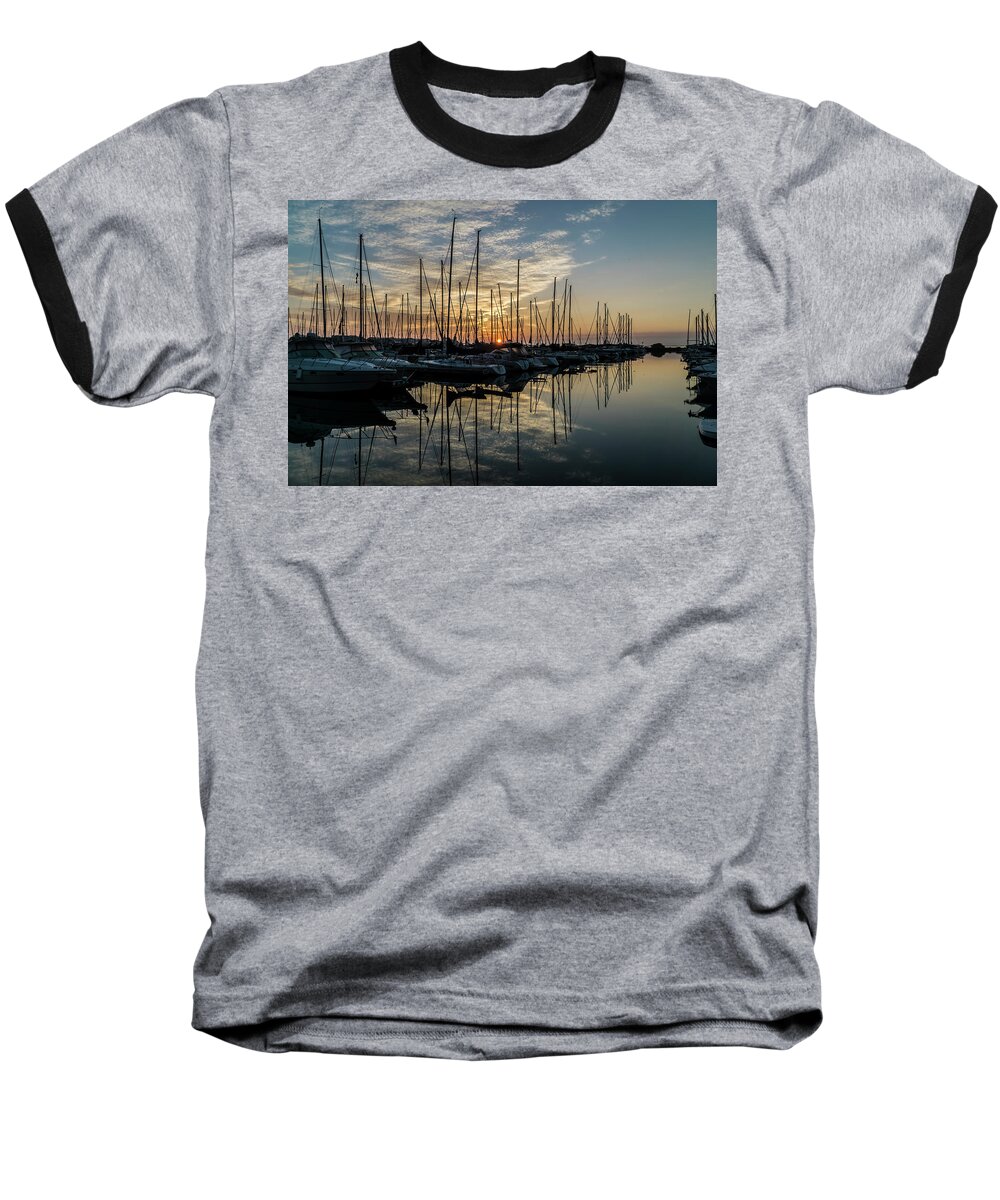 Sunrise Baseball T-Shirt featuring the photograph sunrise though the masts of Chicago sail boats by Sven Brogren