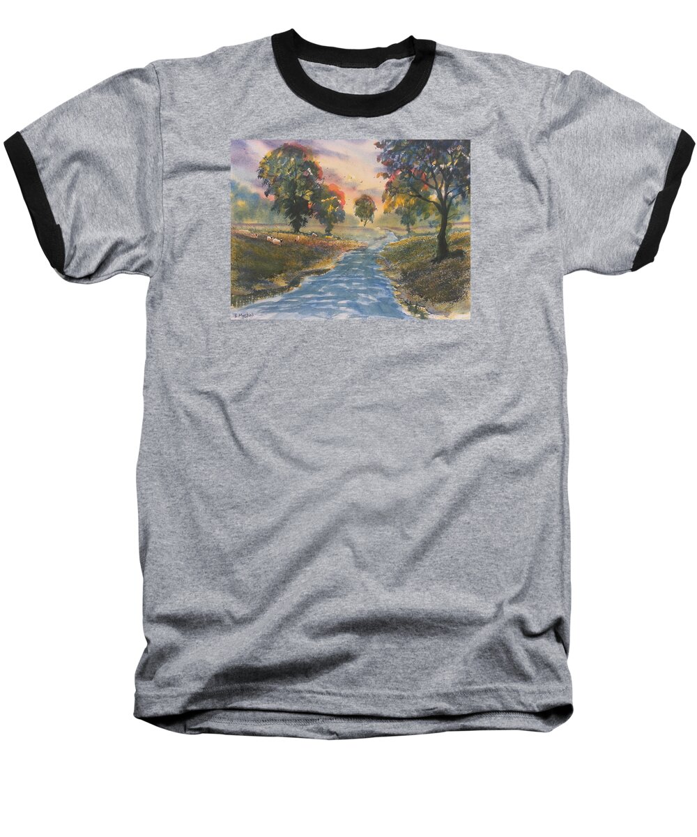 Glenn Marshall Yorkshire Artist Baseball T-Shirt featuring the painting Sunset Boulevard by Glenn Marshall