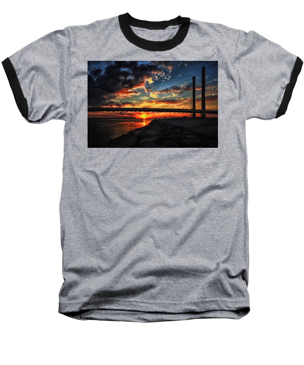 Indian River Bridge Baseball T-Shirt featuring the photograph Sunset Bridge at Indian River Inlet by Bill Swartwout
