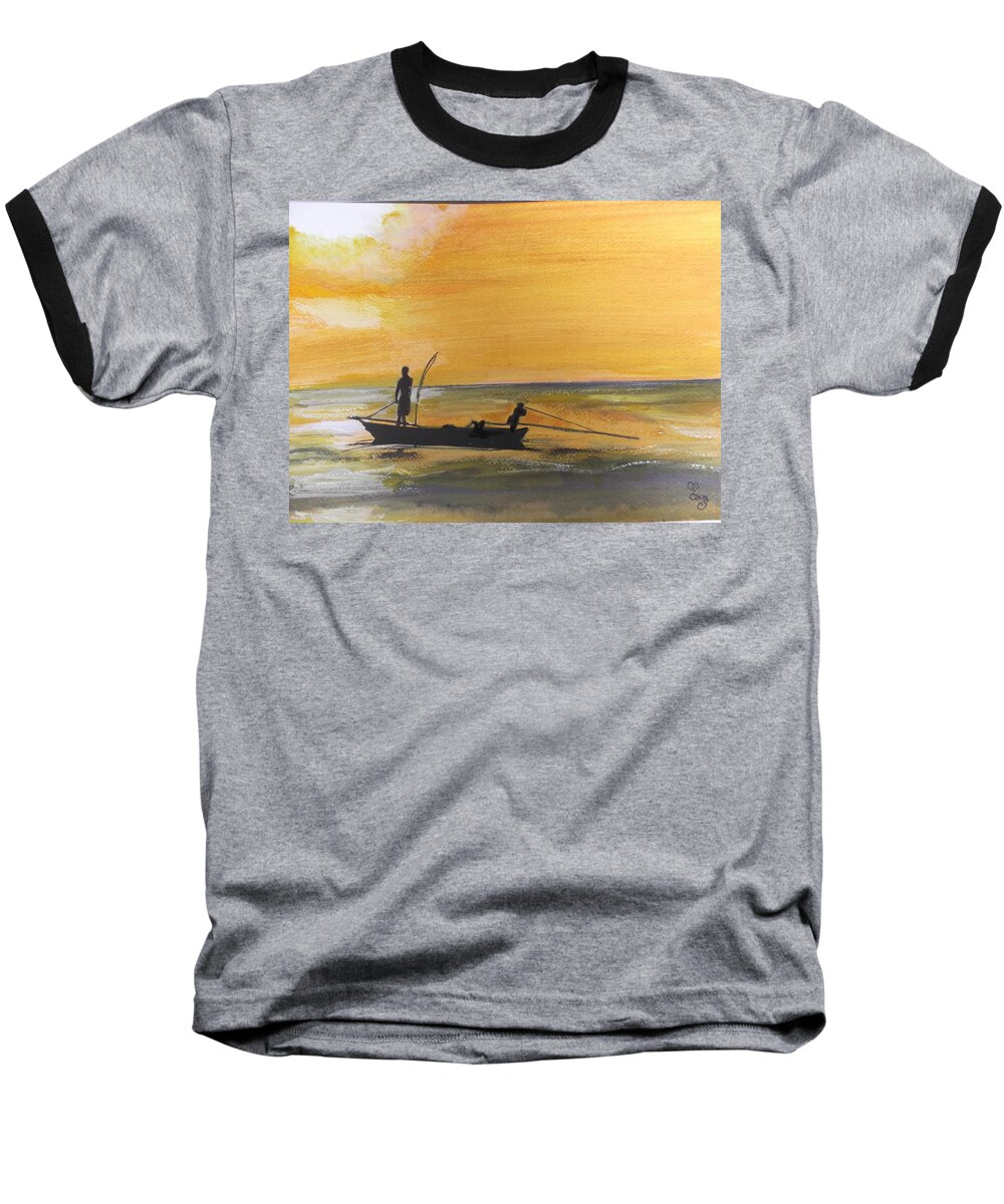 Sunset Baseball T-Shirt featuring the painting Sunset fishing by Carole Robins