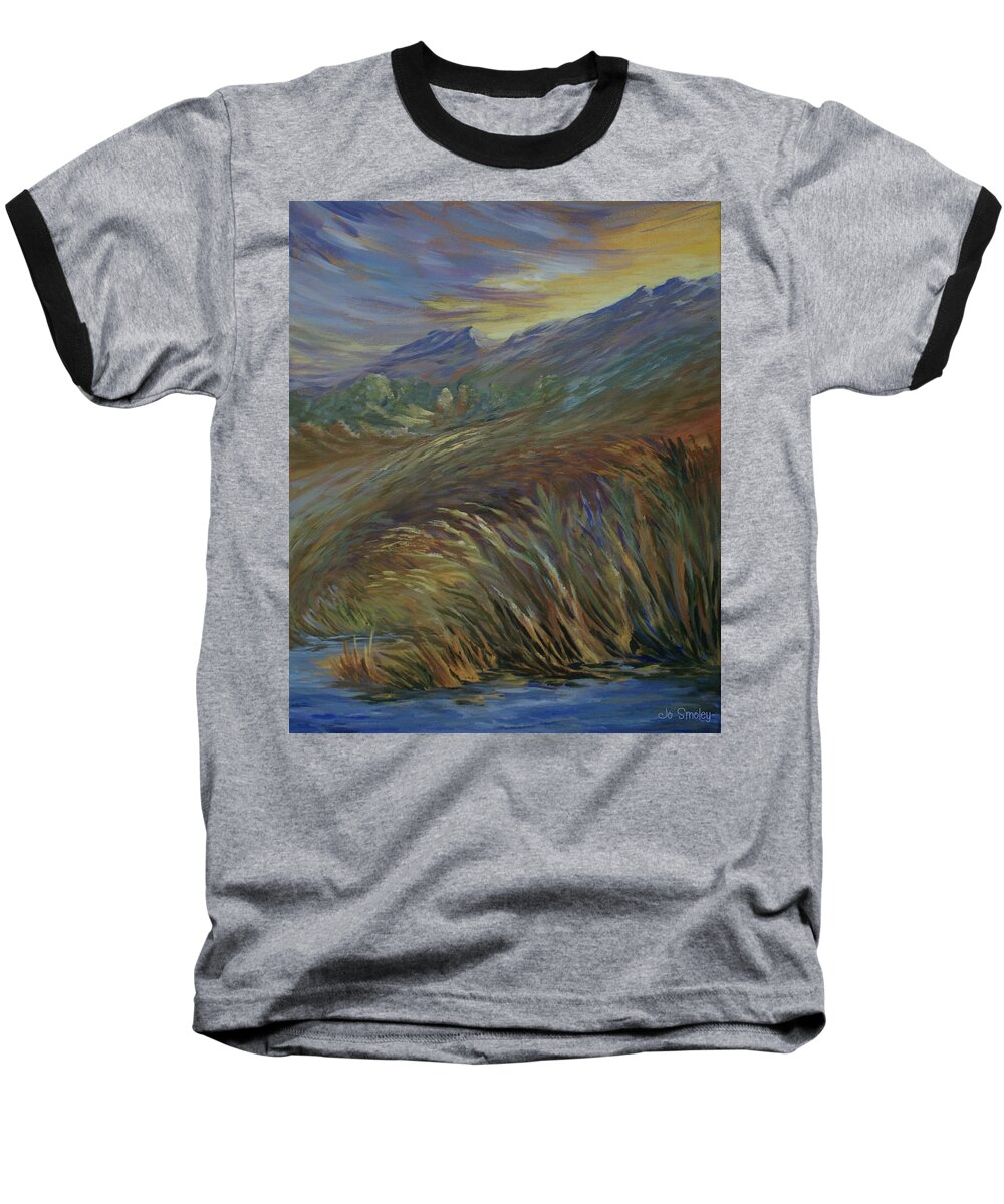 Sunset In Mountains Baseball T-Shirt featuring the painting Sunset in the Mountains by Jo Smoley