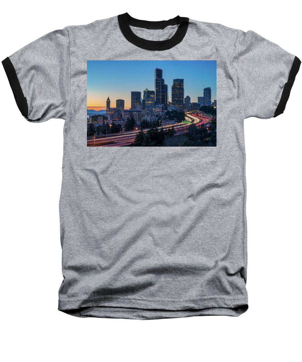 City Baseball T-Shirt featuring the photograph Sunset Night-Freeway Lights by Ken Stanback