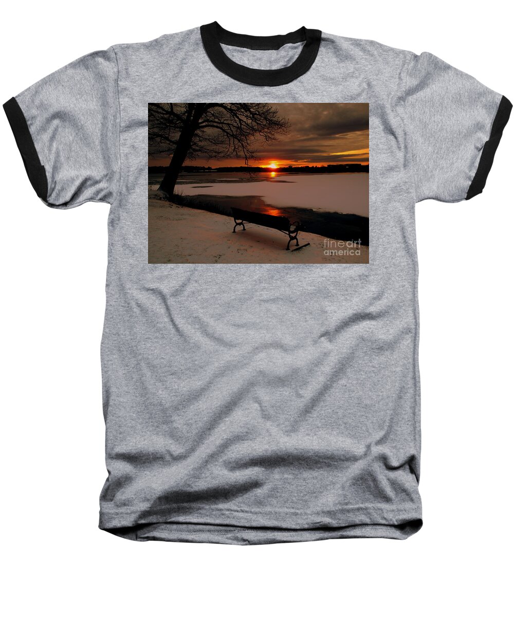 Sunset Baseball T-Shirt featuring the photograph Sunset on Lake Quanapowitt by Lennie Malvone