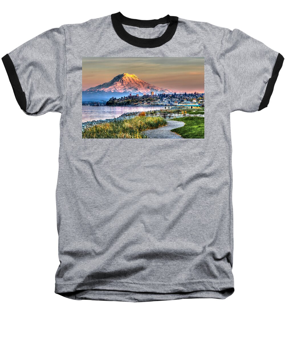 Point Baseball T-Shirt featuring the photograph Sunset on MT Rainier and Point Ruston by Rob Green