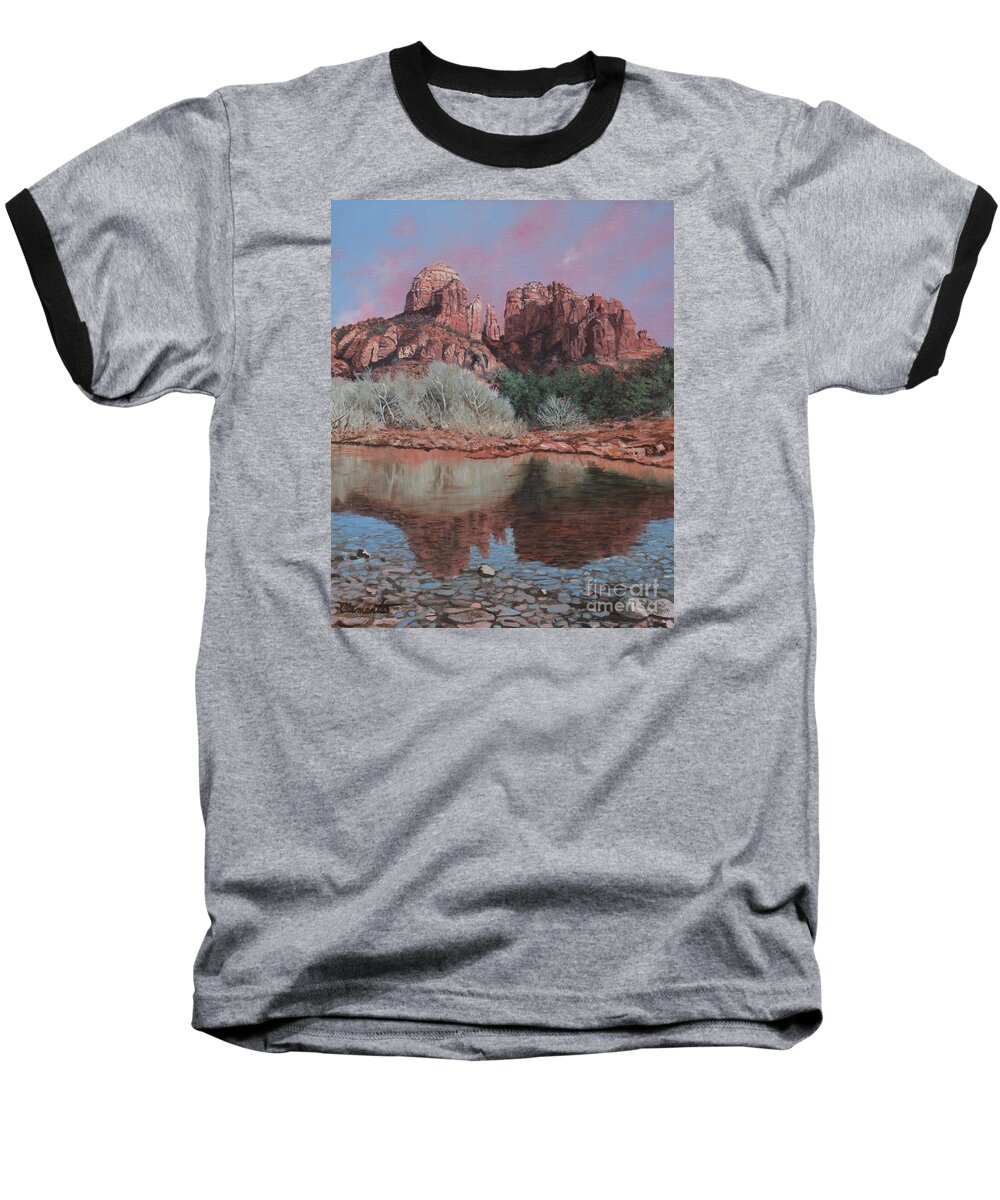 Red Rocks Of Sedona Baseball T-Shirt featuring the painting Sunset over Red Rocks of Sedona by Barbara Barber