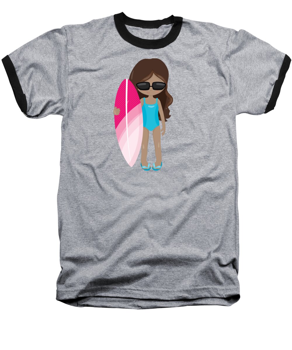 Surfer Art Baseball T-Shirt featuring the digital art Surfer Art Surf's Up Girl with Surfboard #16 by KayeCee Spain