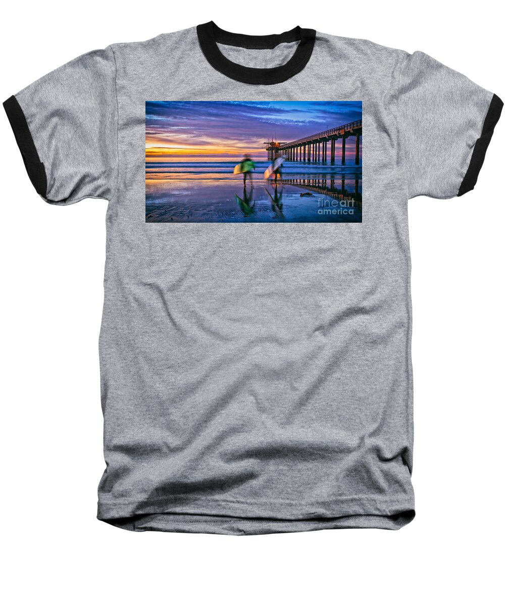 La Jolla Baseball T-Shirt featuring the photograph Surfers at Scripps Pier in La Jolla California by Sam Antonio
