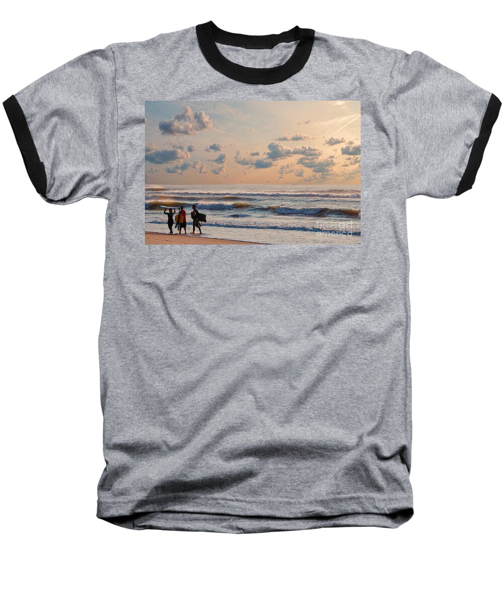 Surfing Baseball T-Shirt featuring the photograph Surfing At Sunrise On The Jersey Shore by Jeff Breiman