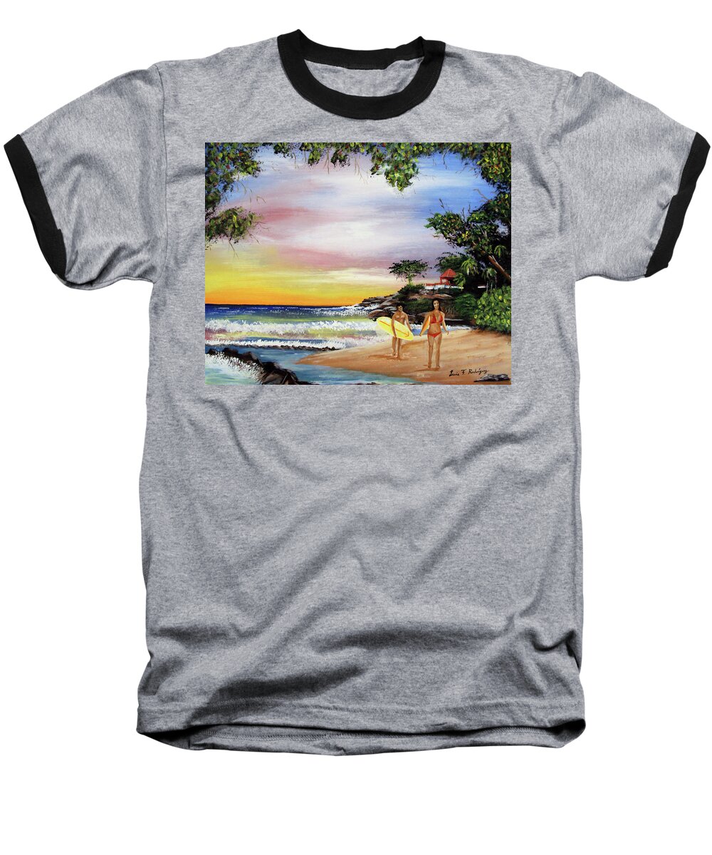 Surfing Baseball T-Shirt featuring the painting Surfing In Rincon by Luis F Rodriguez