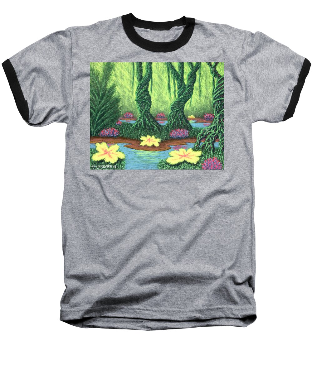 #swamp #things #trees #water #mist #light #plants #flowers #fantasy #scenic #chalk #pastel #landscape Baseball T-Shirt featuring the pastel Swamp Things 02, Diptych Panel A by Michael Heikkinen