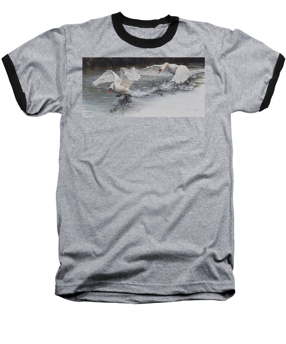 Wildlife Paintings Baseball T-Shirt featuring the painting Swans in Dispute by Alan M Hunt