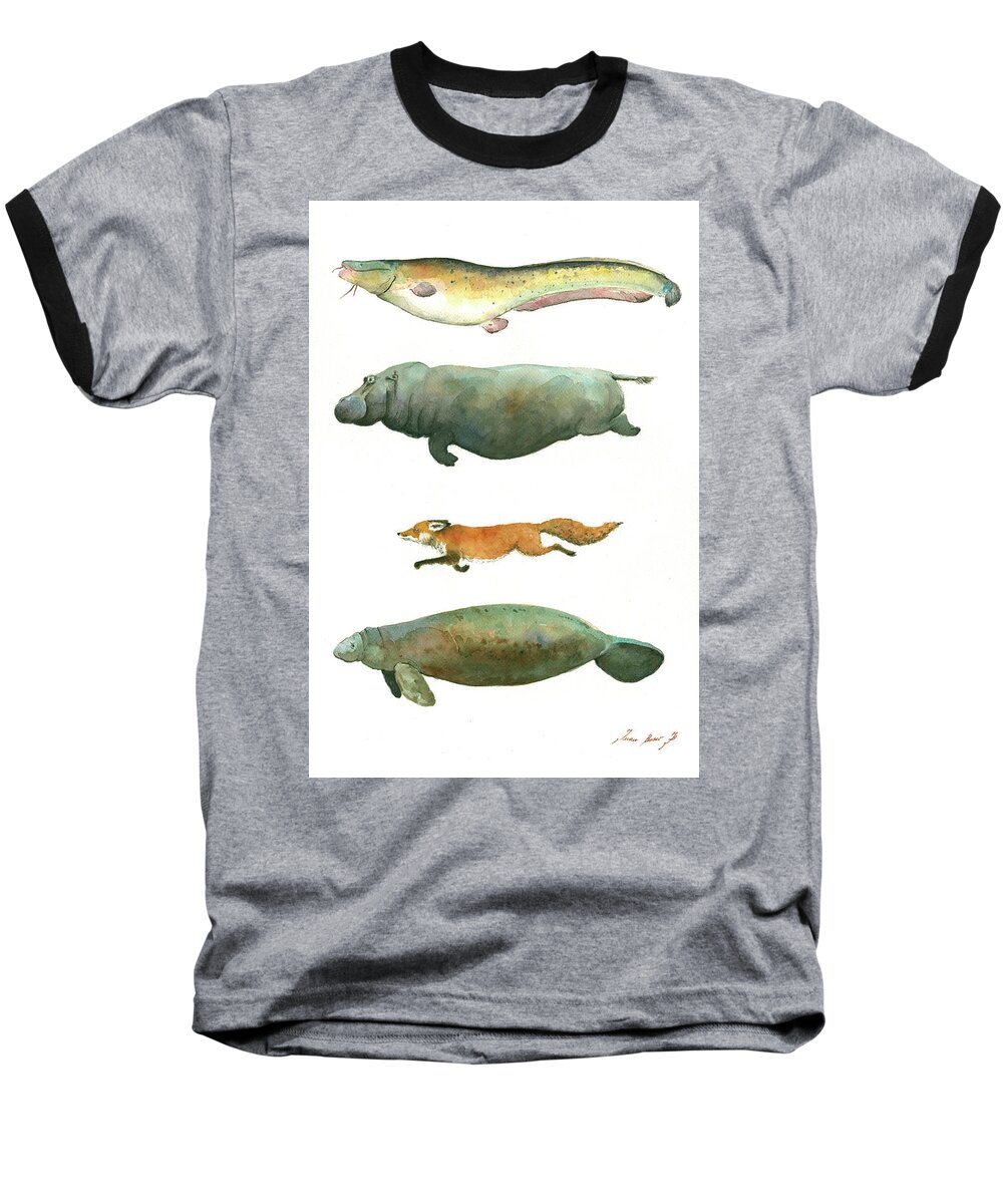 Catfish Art Baseball T-Shirt featuring the painting Swimming animals by Juan Bosco