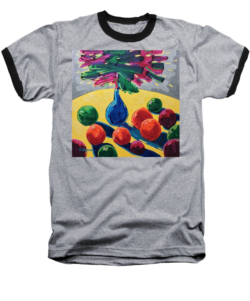 Still Life Baseball T-Shirt featuring the painting Table with fruits and flowers by Enrique Zaldivar