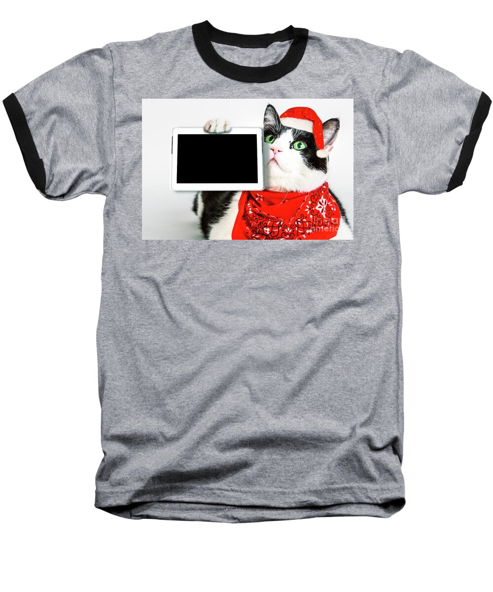Cat Baseball T-Shirt featuring the photograph Technology christmas Cat by Benny Marty