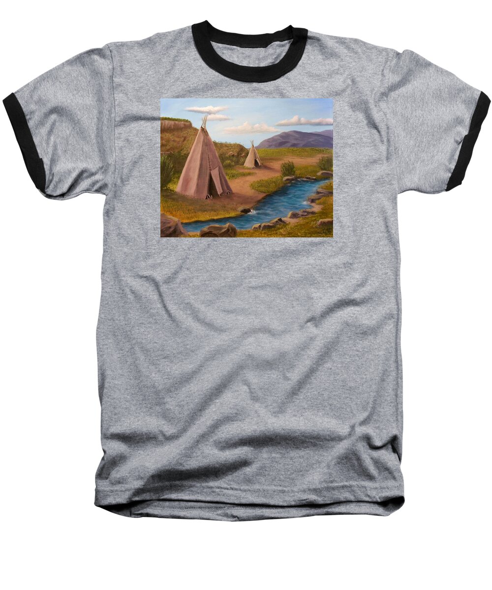 Teepee Baseball T-Shirt featuring the painting Teepees on the Plains by Sheri Keith