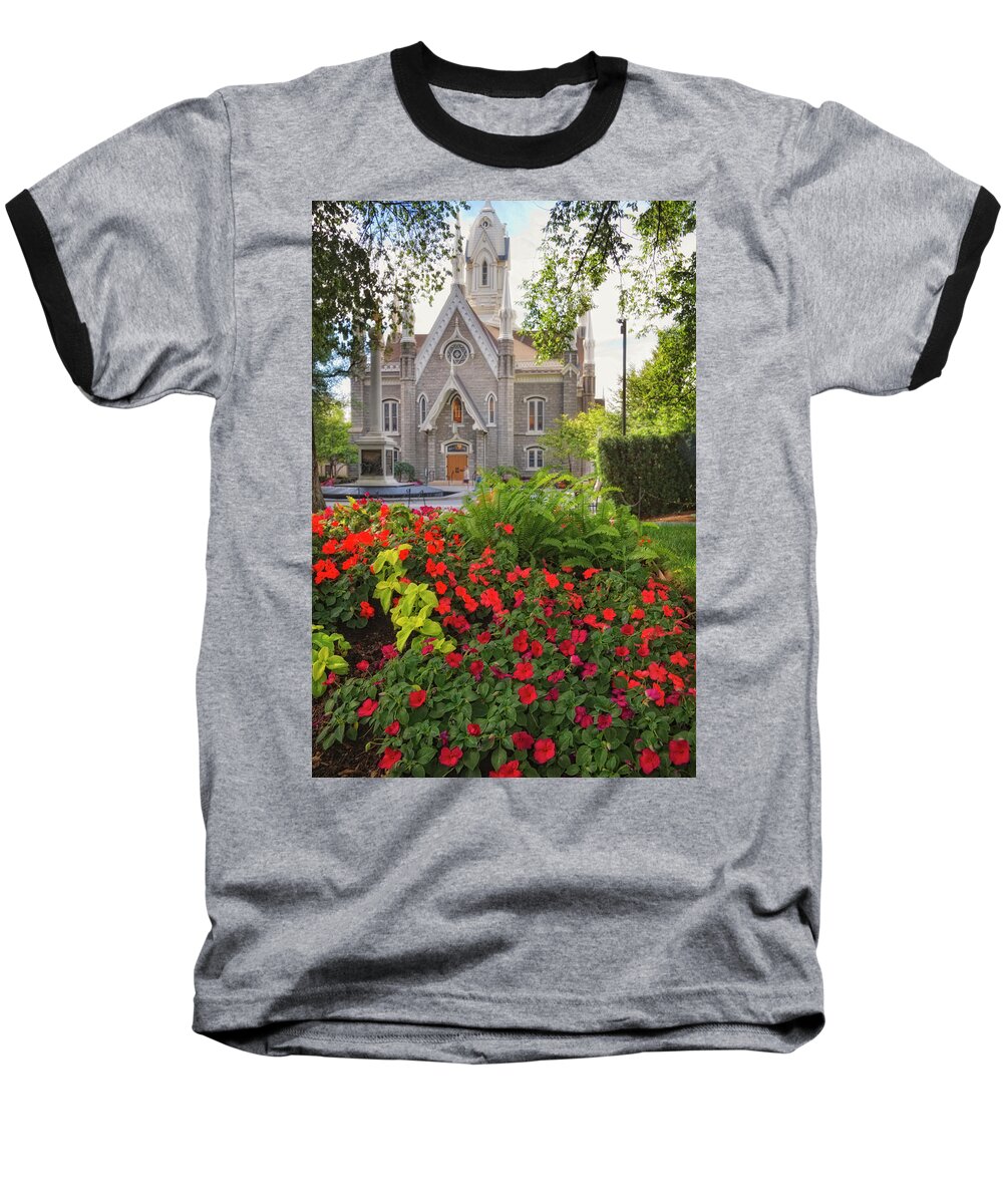 Assembly Hall Baseball T-Shirt featuring the photograph Temple Square Flowers by Douglas Pulsipher