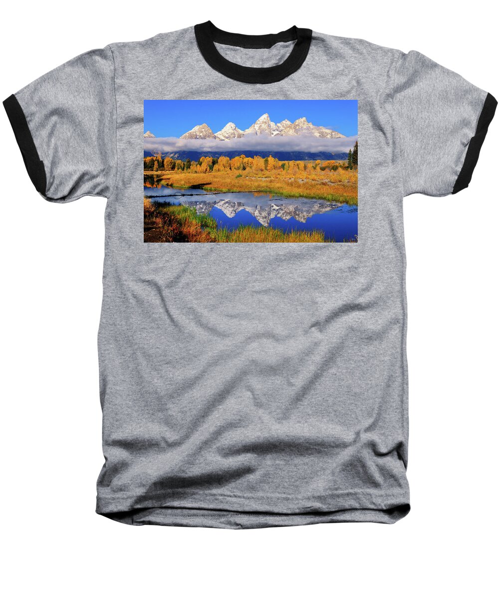 Tetons Baseball T-Shirt featuring the photograph Teton Peaks Reflections by Greg Norrell