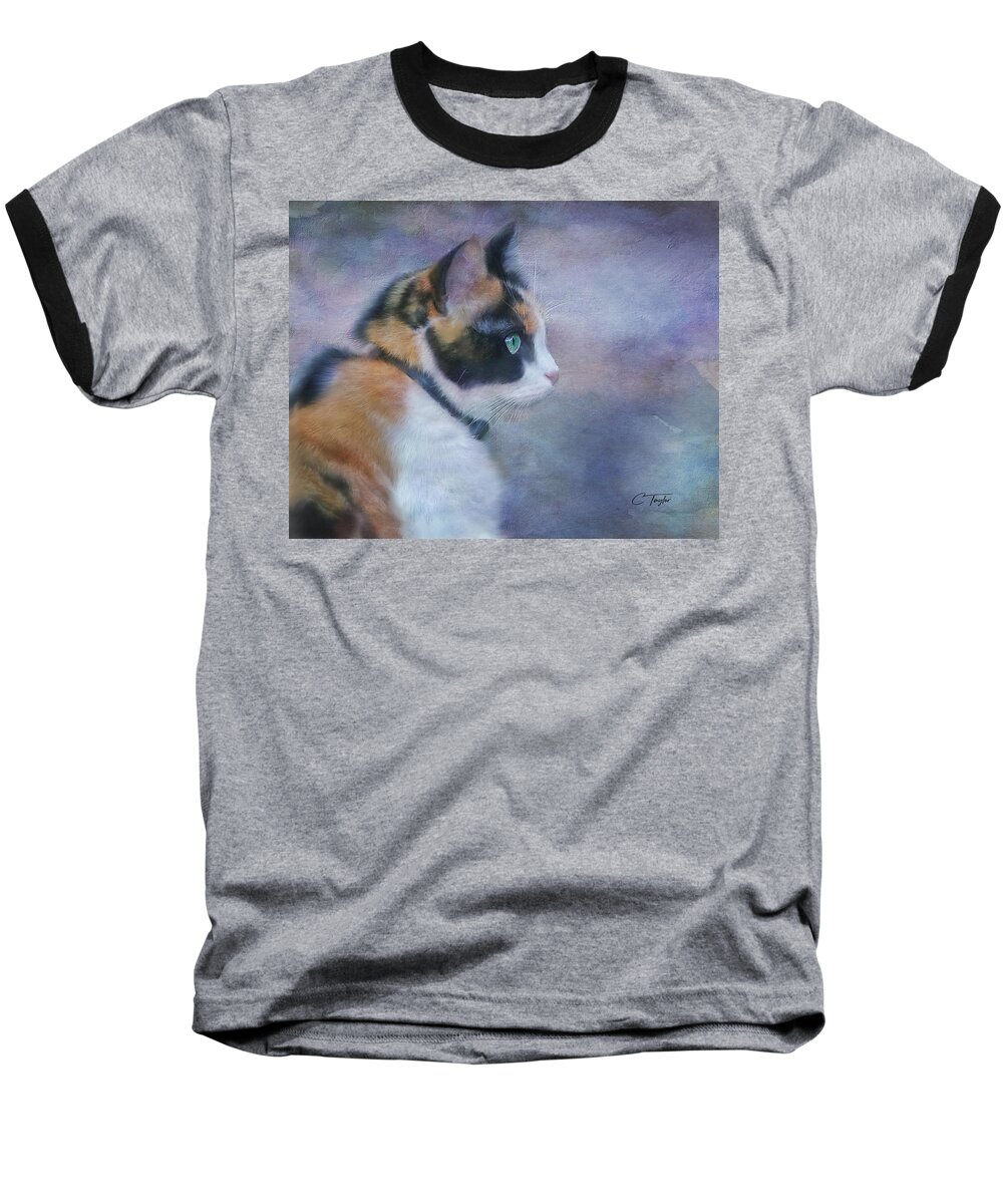 Cat Baseball T-Shirt featuring the digital art The Calico Staredown by Colleen Taylor