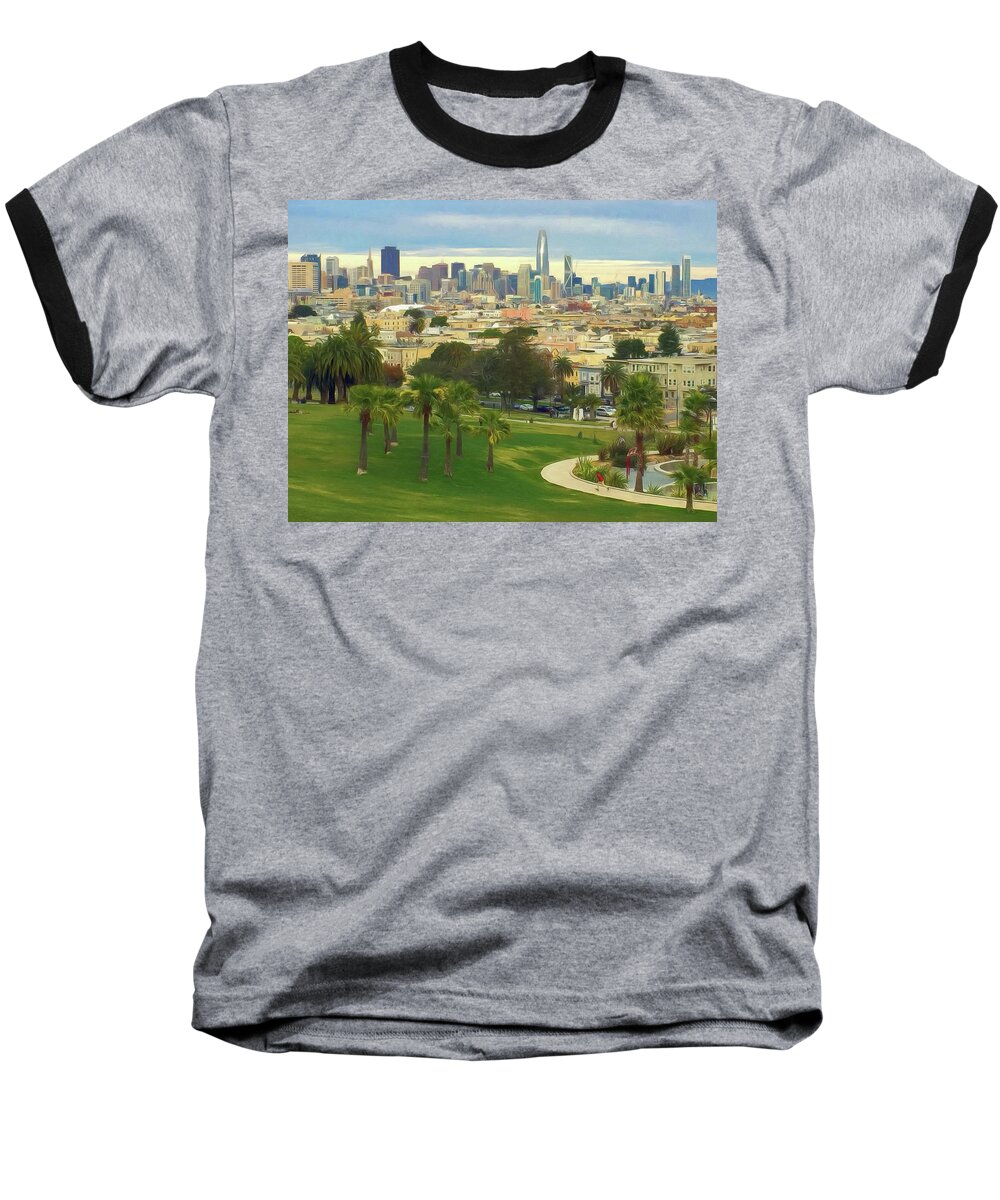 The City From Dolores Park Baseball T-Shirt featuring the photograph The City from Dolores Park by Bonnie Follett